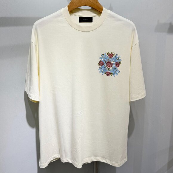 Amiri Beige Hollywood Rose Graphic Print "Out For Trouble" T-Shirt - Picture 1 of 9
